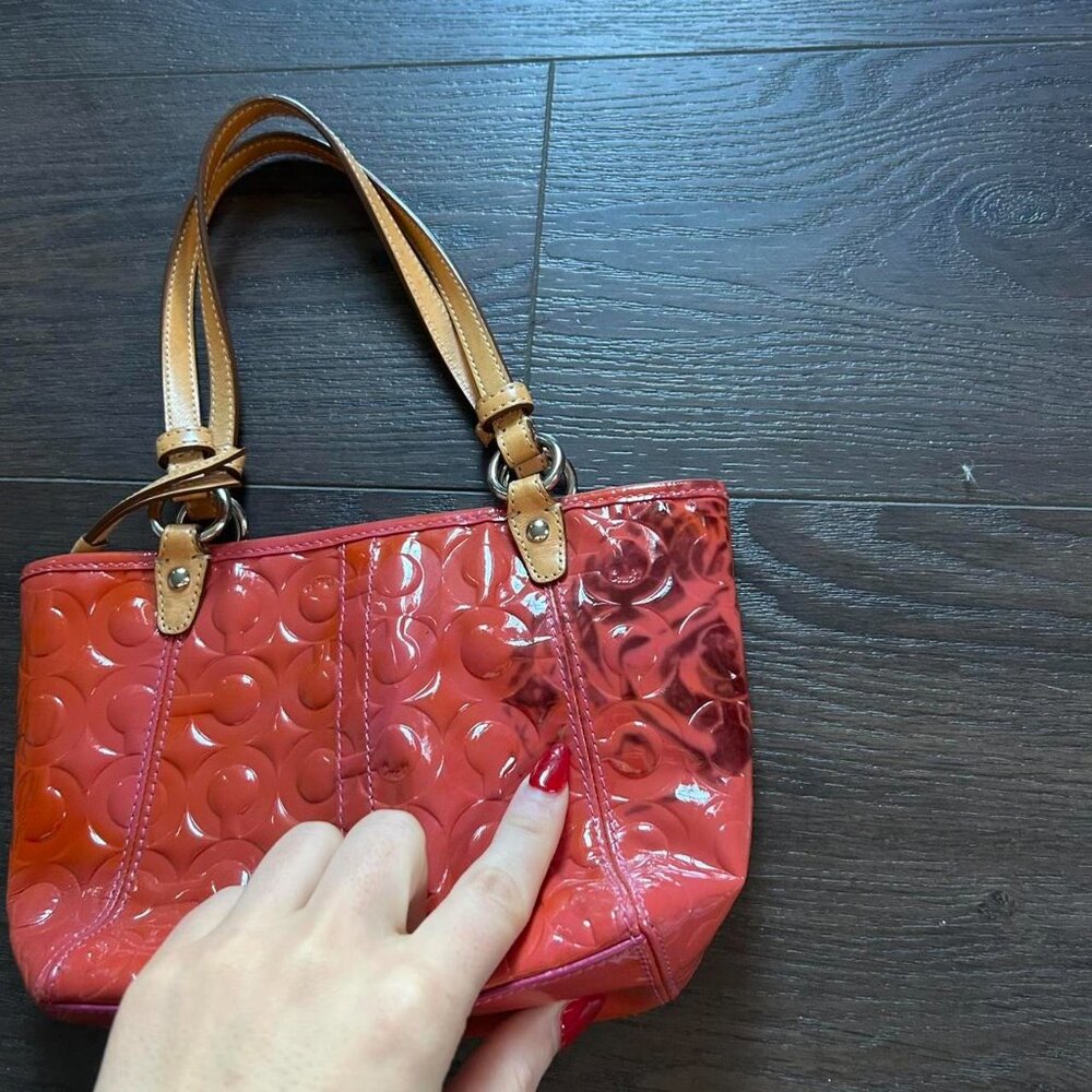Coach Peyton Signature Embossed Patent Leather mini Tote. vibrant coral glossy - Picture 4 of 8